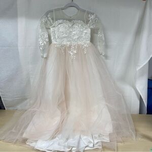 Girls Flower Girl Dress Size 8/9 Ivory Blush Lace Tulle Gown w/ Train Wedding